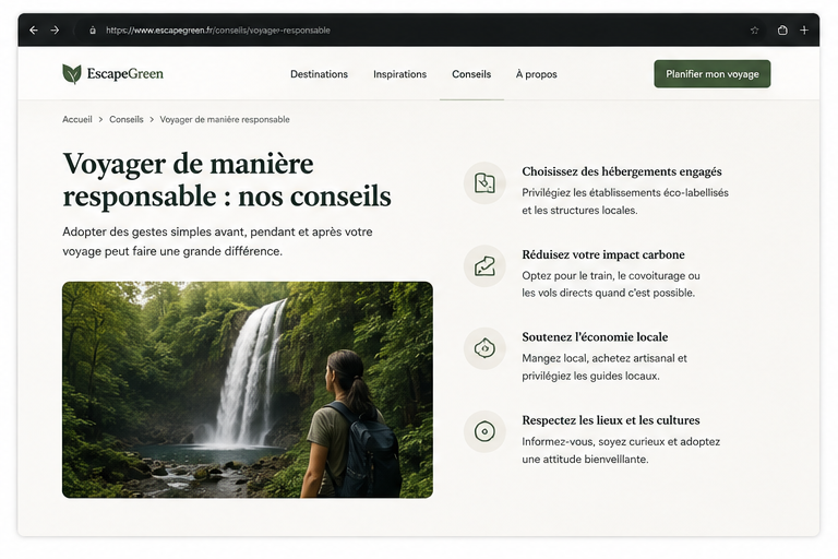 Aperçu page Conseils EscapeGreen